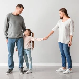 Imagem representando uma disputa de guarda de filhos, com uma criança segurando a mão do pai e da mãe, simbolizando o desafio da convivência parental.