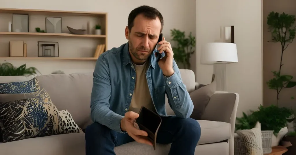 Pai desempregado ao telefone, preocupado por não ter dinheiro para pagar a pensão