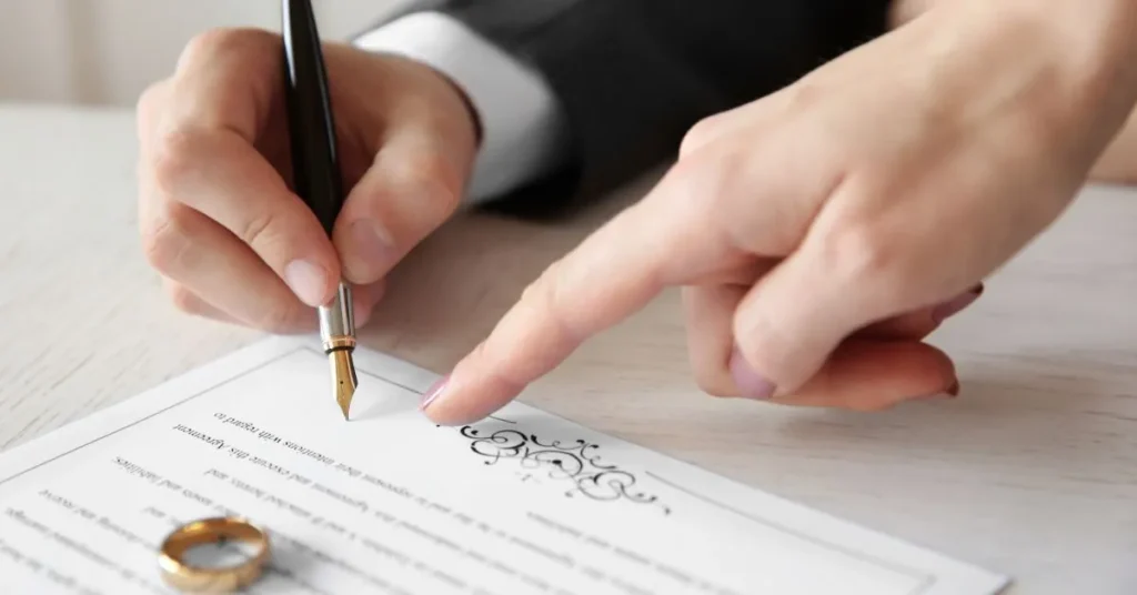 Assinatura de documentos no divórcio envolvendo partilha de empresa entre cônjuges” (inclui a palavra-chave “divórcio” e contexto da imagem de forma natural