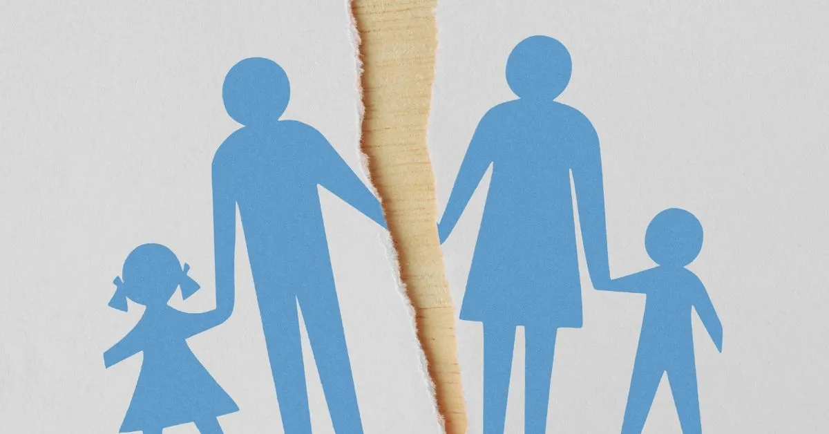 Ilustração de guarda compartilhada à distância com pais separados e filhos, representando famílias que vivem em cidades diferentes