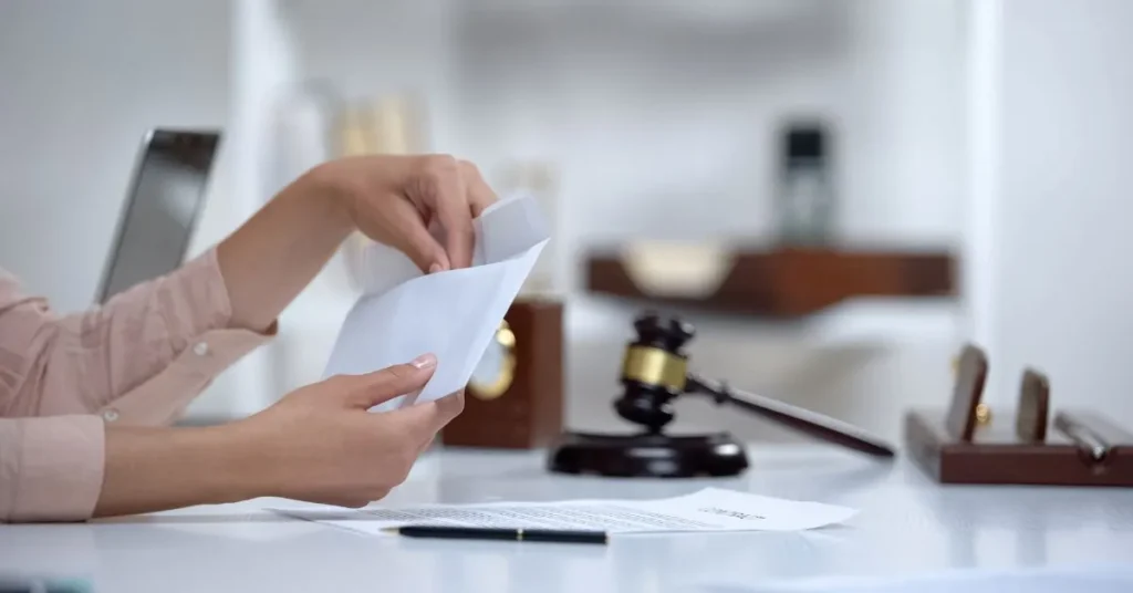 Pensão alimentícia provisória em análise jurídica: mãos abrindo envelope com documento em mesa de escritório e martelo do juiz ao fundo