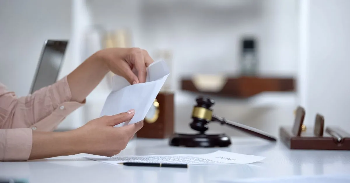 Pensão alimentícia provisória em análise jurídica: mãos abrindo envelope com documento em mesa de escritório e martelo do juiz ao fundo