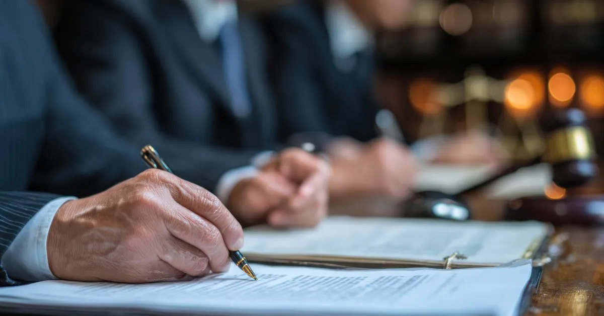 advogados analisando documentos de partilha de bens e assinatura de contrato de imóvel no nome de um só