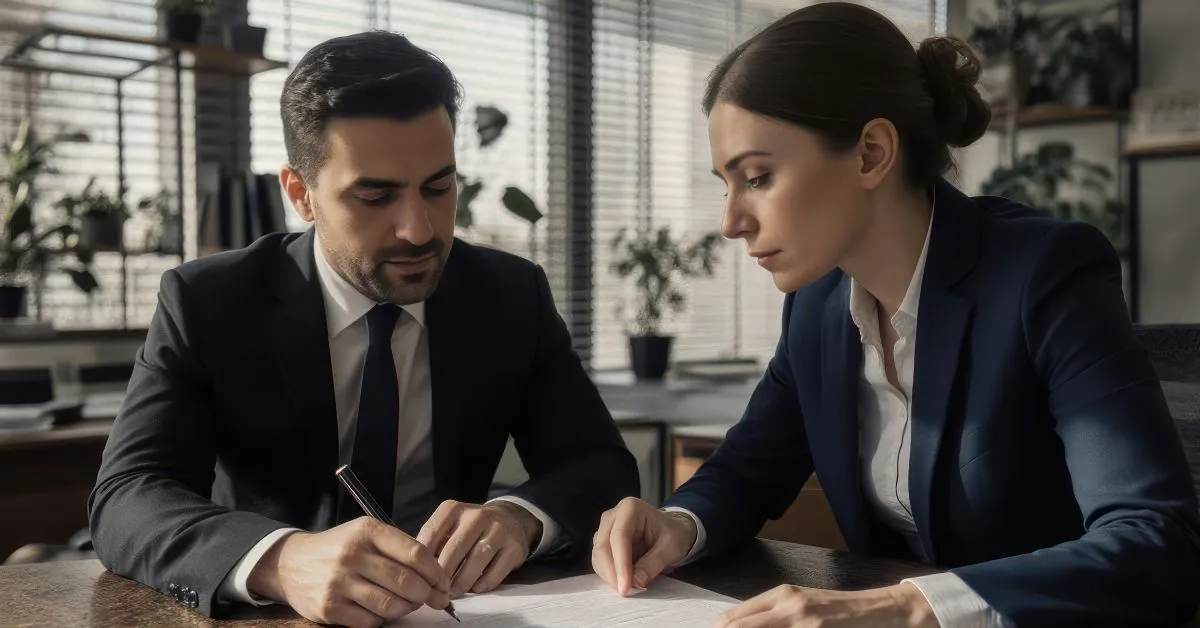 Casal e advogado revisando pacto antenupcial com cláusulas especiais em cartório.