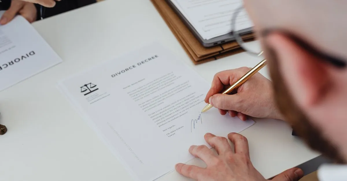 Pessoa assinando documento de divórcio, representando dúvidas sobre pensão compensatória no Brasil.
