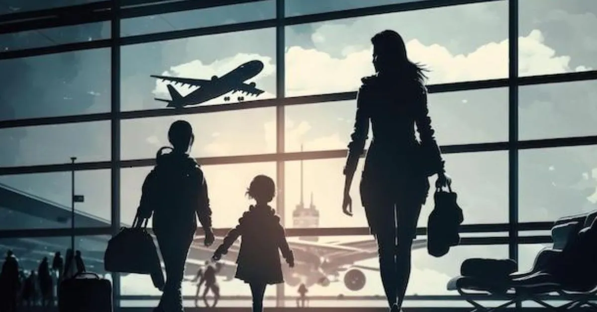 Guarda e mudança para o exterior com filho em aeroporto viagem internacional com criança