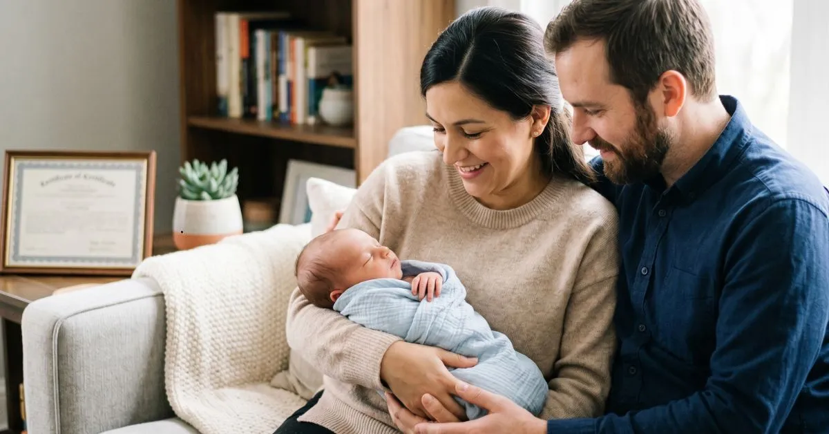 Casal sorridente em uma sala aconchegante segurando um bebê recém-nascido enrolado em uma manta azul, representando a felicidade de uma adoção legal e segura.