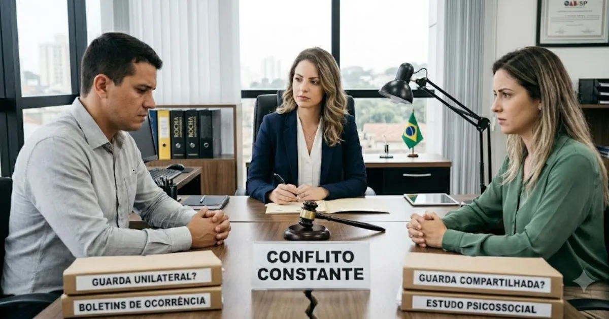Advogada mediando ex-casal em conflito durante reunião sobre guarda de filhos com pastas de provas sobre a mesa.