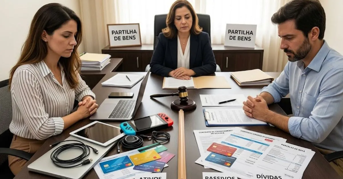 Casal dividindo ativos de consumo e dívidas de financiamento em um escritório de advocacia durante divórcio.