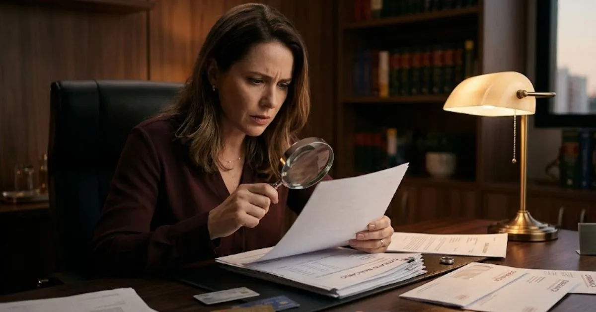 Mulher analisando contratos bancários e faturas de cartão de crédito com uma lupa sobre a mesa, representando a investigação de dívidas ocultas em um processo de divórcio.