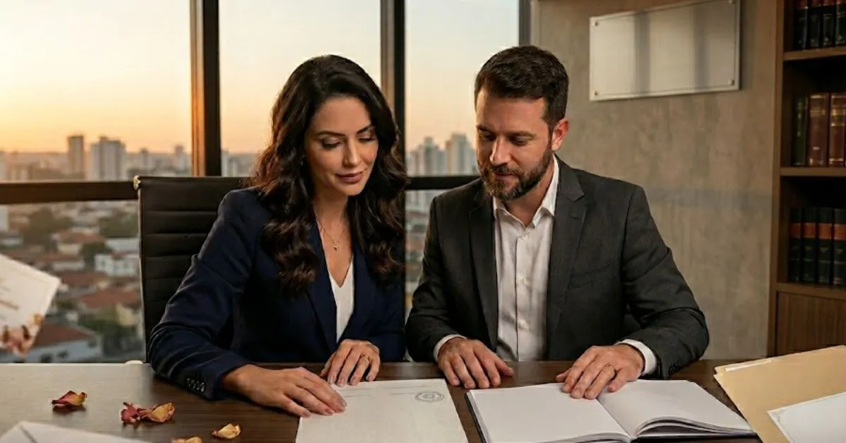 Um casal sentado em um escritório de advocacia analisando documentos contratuais sobre uma mesa de madeira durante o pôr do sol, representando o planejamento do pacto antenupcial.